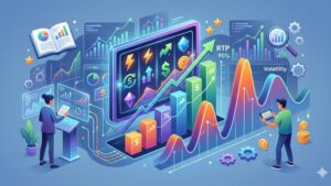 Современная иллюстрация с графиками и символами слотов для анализа волатильности и RTP в казино